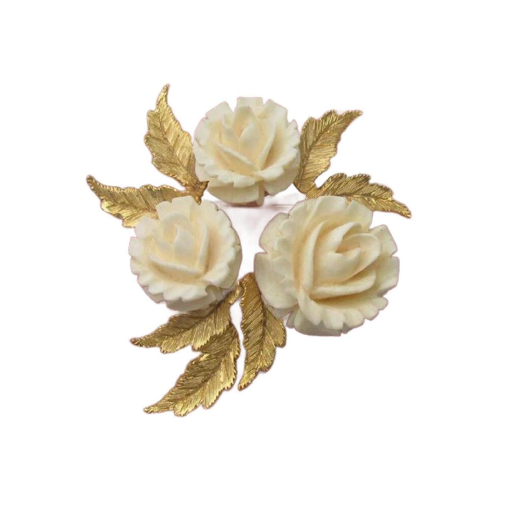 Designer Signed Ledo Polcini Celluloid Ivory ROSE Bouquet Vintage Brooch Pin